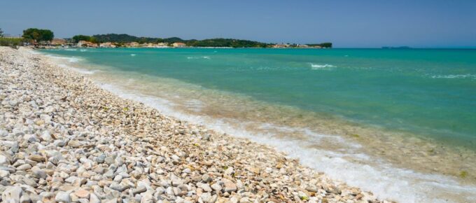 Corfu, Greece, a panorama of the coast in the town of Acharavi.