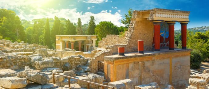 The North Entrance of the Palace with charging bull fresco in Knossos at Crete, Greece.