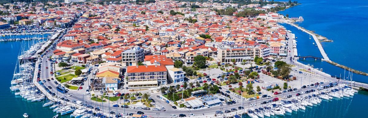 Aerial view of Lefkada City, Lefkada, Greece.