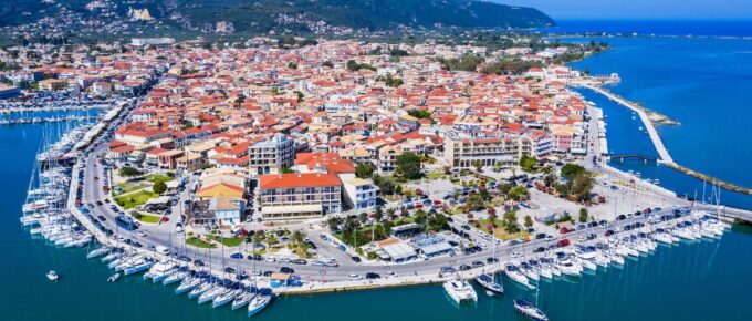 Aerial view of Lefkada City, Lefkada, Greece.