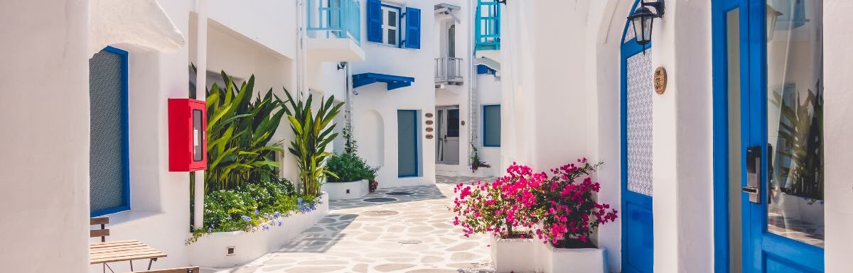 Beautiful architecture building exterior in Santorini, Greece.