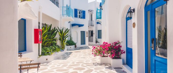 Beautiful architecture building exterior in Santorini, Greece.