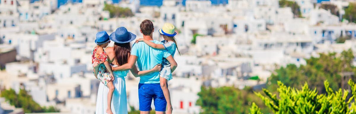 Family vacation in Greece with mom, dad, and two kids.