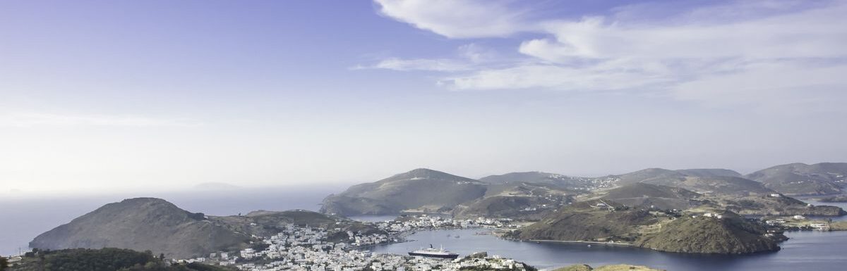 A view of Patmos island from Chora, town of Skala, the main port in Dodecanese island, Greece.