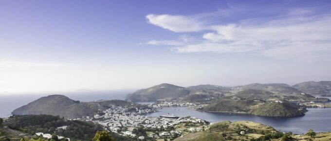 A view of Patmos island from Chora, town of Skala, the main port in Dodecanese island, Greece.