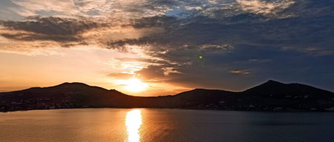 The island of Paros in Greece during sunset.