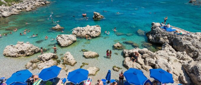 The summer beach, Rhodes Greece on a sunny day.