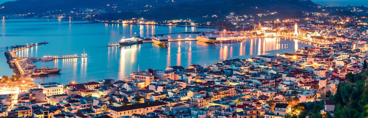 Aerial view of Zakynthos (Zante) town. Colorful spring morning on the Ionian Sea in Greece.