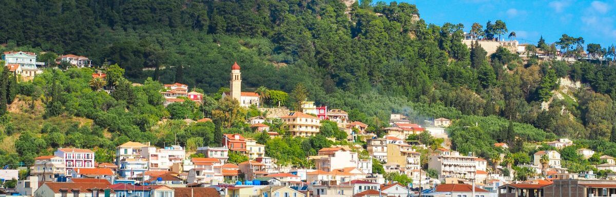 Zante town panorama from the sea on the island of Zakynthos Greece.