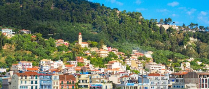 Zante town panorama from the sea on the island of Zakynthos Greece.