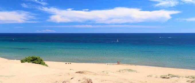 Corfu island, Greece - Issos beach and Ionian Sea on a sunny day.