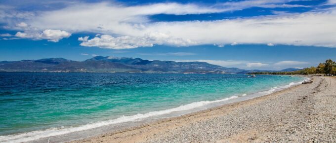 Beautiful panoramic view on Kavos beach near Lichada, Evia, Greece.