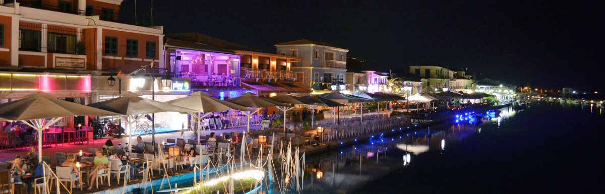 Lefkada Greece town by night.