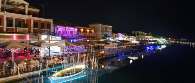 Lefkada Greece town by night.