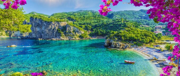 Amazing bay with crystal clear water in Paleokastritsa, Corfu island, Greece.