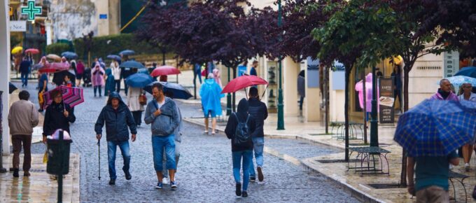 Corfu town, Greece, on a rainy day.