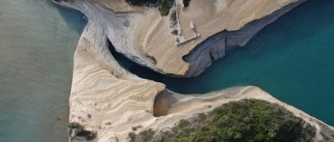 Aerial drone view of beautiful Sidari village in Corfu, Greece.