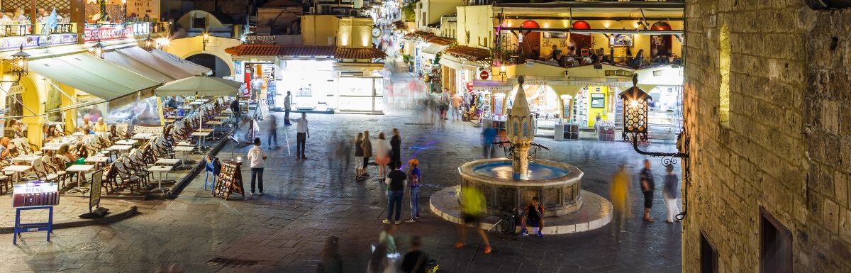 Hippocrates square in the historic Old Town of Rhodes Greece.