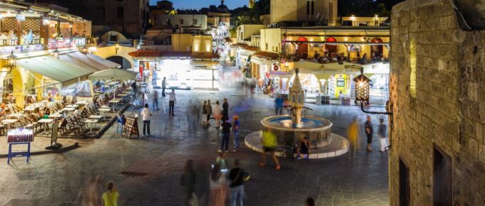 Hippocrates square in the historic Old Town of Rhodes Greece.