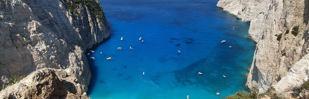 Aerial drone view of Navagio beach in Zakynthos, Greece.