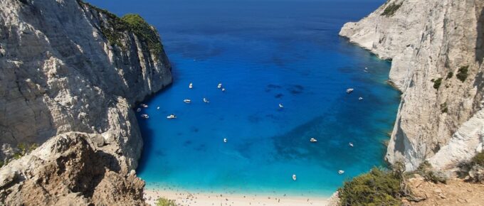 Aerial drone view of Navagio beach in Zakynthos, Greece.