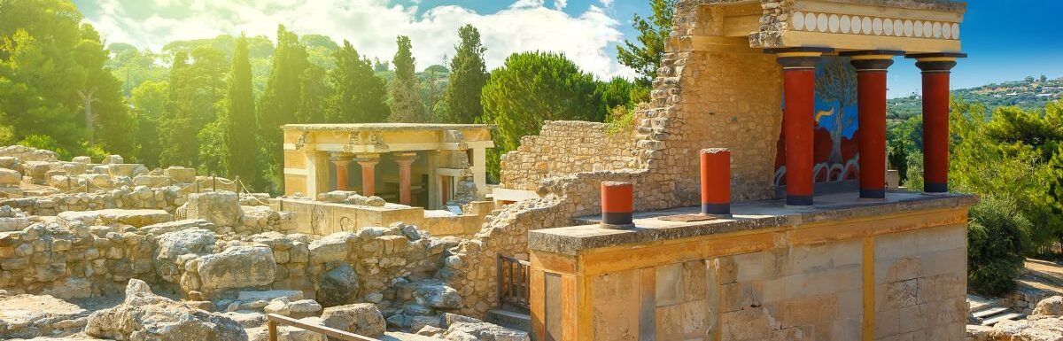 The North Entrance of the Palace with charging bull fresco in Knossos at Crete, Greece.