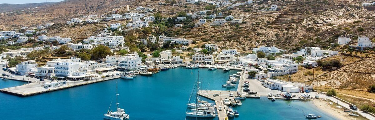 Panoramic view of Port of Ios Island, Cyclades, Greece.