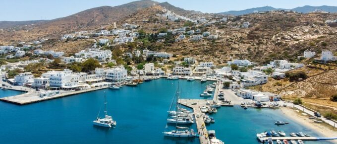 Panoramic view of Port of Ios Island, Cyclades, Greece.