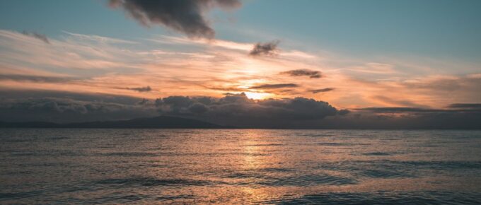 A cloudy sunrise over the sea at Lesvos, Greece.