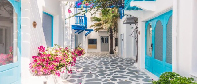Beautiful architecture building exterior in Mykonos, Greece, during a sunny day.