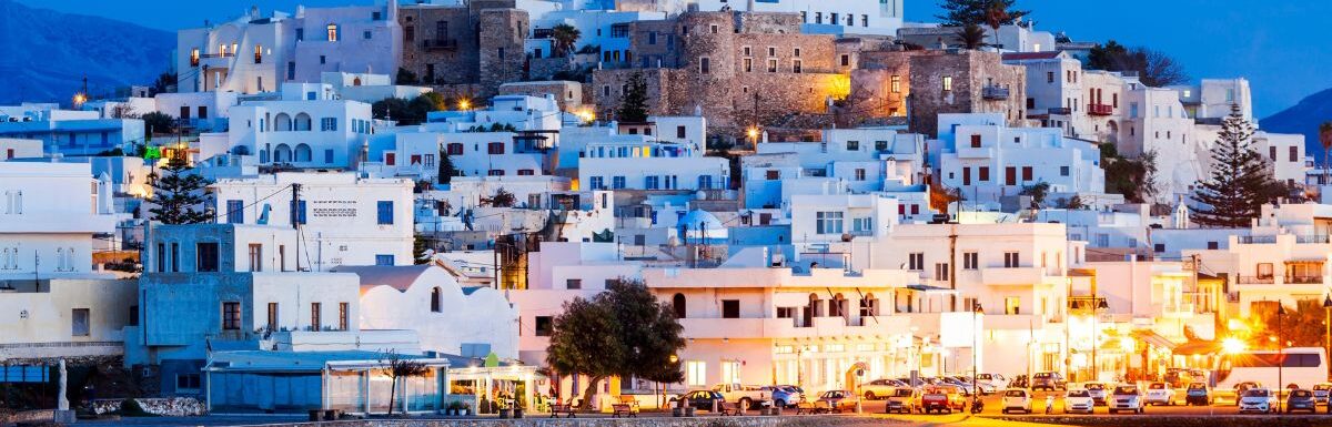 Naxos Island in Greece aerial panoramic view at night.