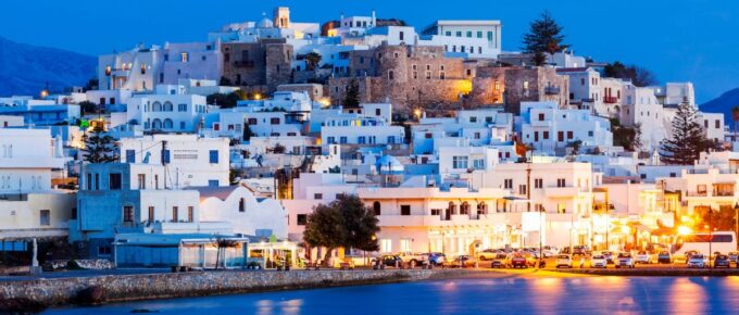 Naxos Island in Greece aerial panoramic view at night.