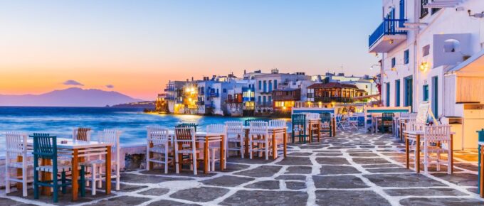 Waterfront in Little Venice, Mykonos at sunset.