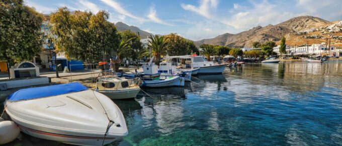 Beautiful village of Livadi with small boats in Serifos island of Greece.