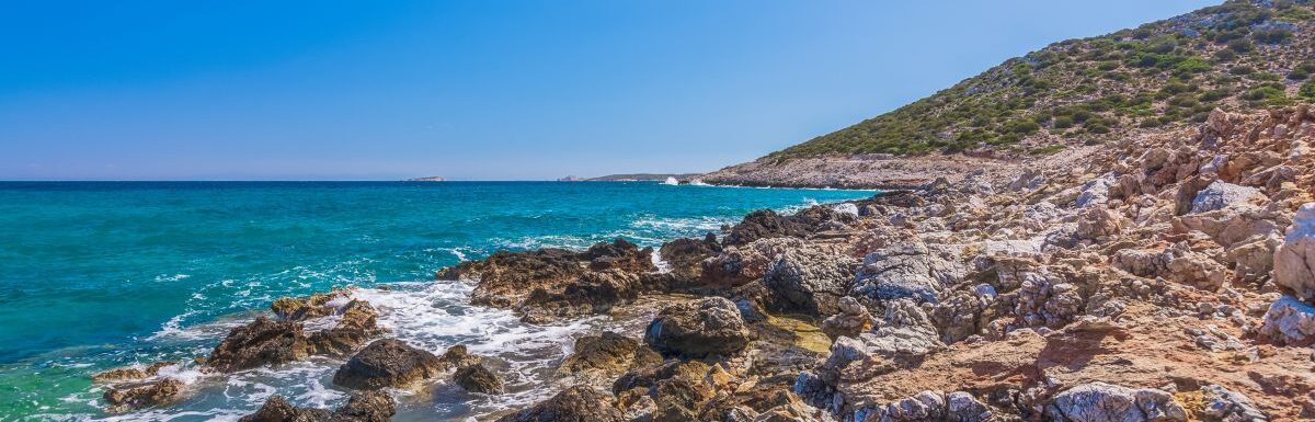 Beautiful seascape and view of Platis Gialos beach in Lipsi (Leipsoi) island in Dodecanese, Greece.
