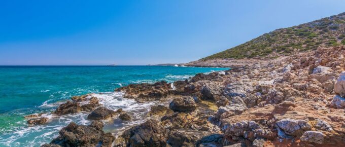 Beautiful seascape and view of Platis Gialos beach in Lipsi (Leipsoi) island in Dodecanese, Greece.