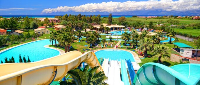 Outdoor Greek Aqua park with water slides swimming pools for children.
