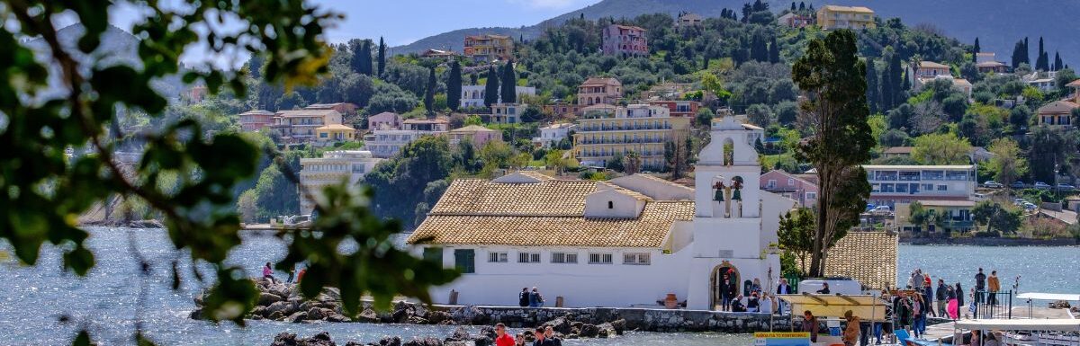 Vlacherna Monastery on the Kanoni peninsula of the island of Corfu, Greece.