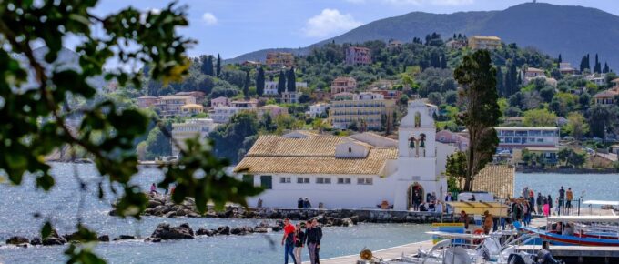 Vlacherna Monastery on the Kanoni peninsula of the island of Corfu, Greece.