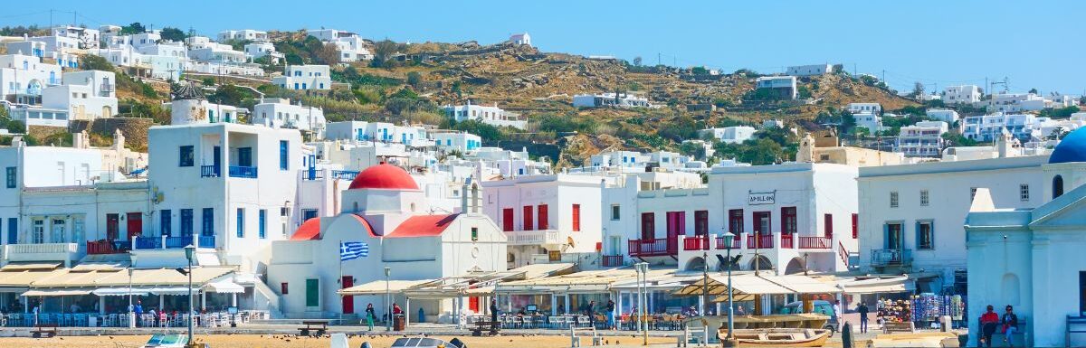 Seafront and beach in Mykonos (Chora) town.