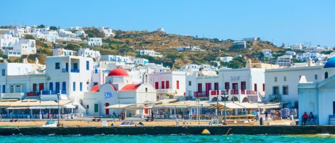 Seafront and beach in Mykonos (Chora) town.