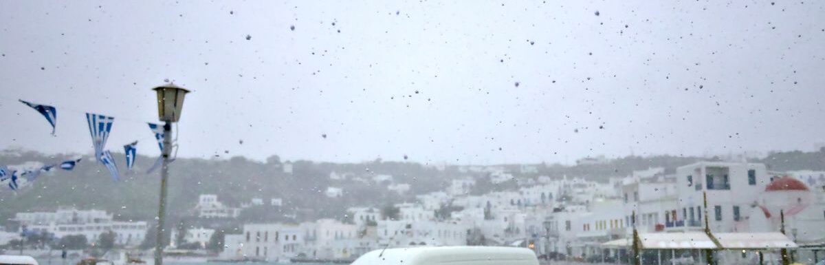 A rare sight of snow on the island of Mykonos, Greece.