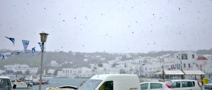 A rare sight of snow on the island of Mykonos, Greece.