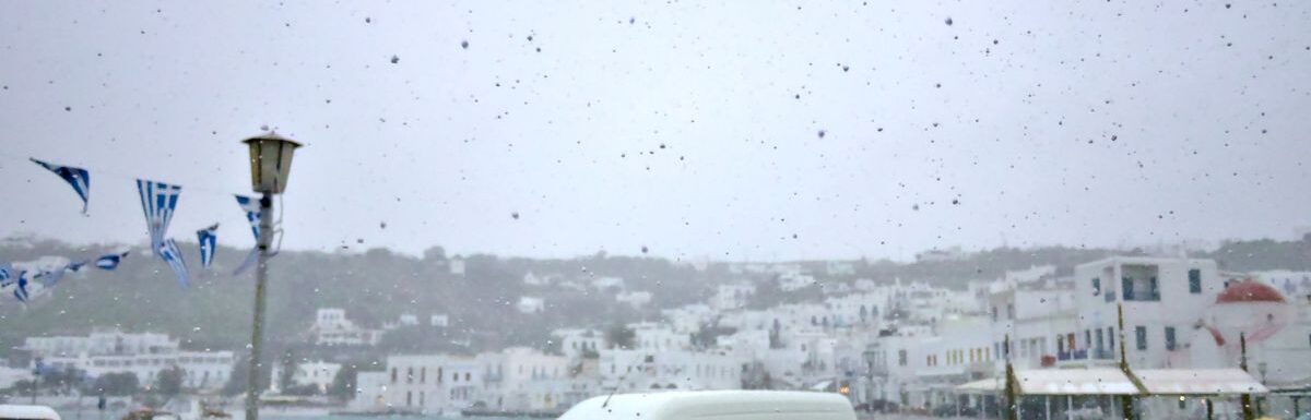 A rare sight of snow on the island of Mykonos, Greece in January 2015.