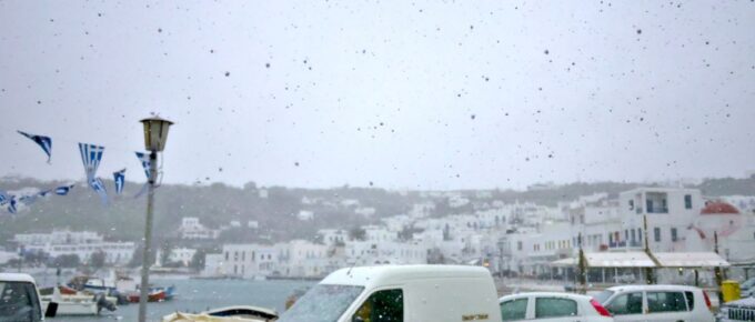 A rare sight of snow on the island of Mykonos, Greece in January 2015.