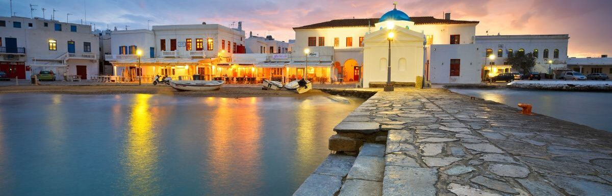 Town of Mykonos as seen from the old harbor in Mykonos, Greece on March 2016.