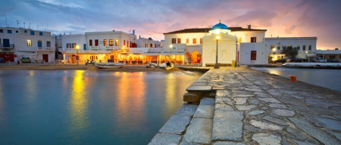 Town of Mykonos as seen from the old harbor in Mykonos, Greece on March 2016.