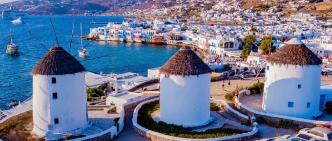 Mykonos Windmills at Sunset in Mykonos, Greece.