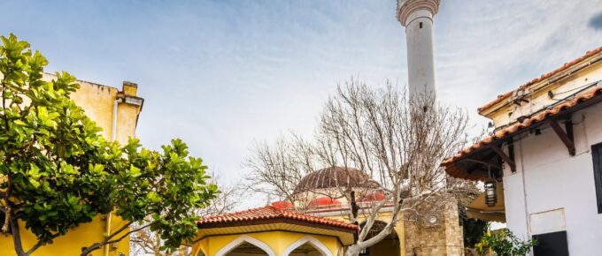 Old Inrahim Pasha Mosque view in Rhodes Island, Rhodes, Greece in February 2018.