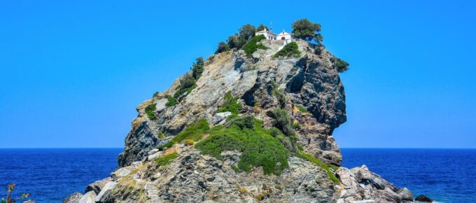 Mamma Mia church on top of a cliff, Skopelos, Greece.